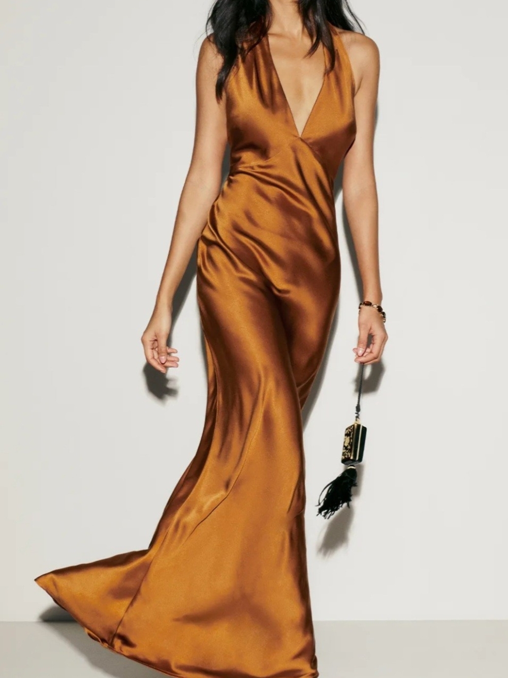 Satin Halter Slip Dress in Bronze